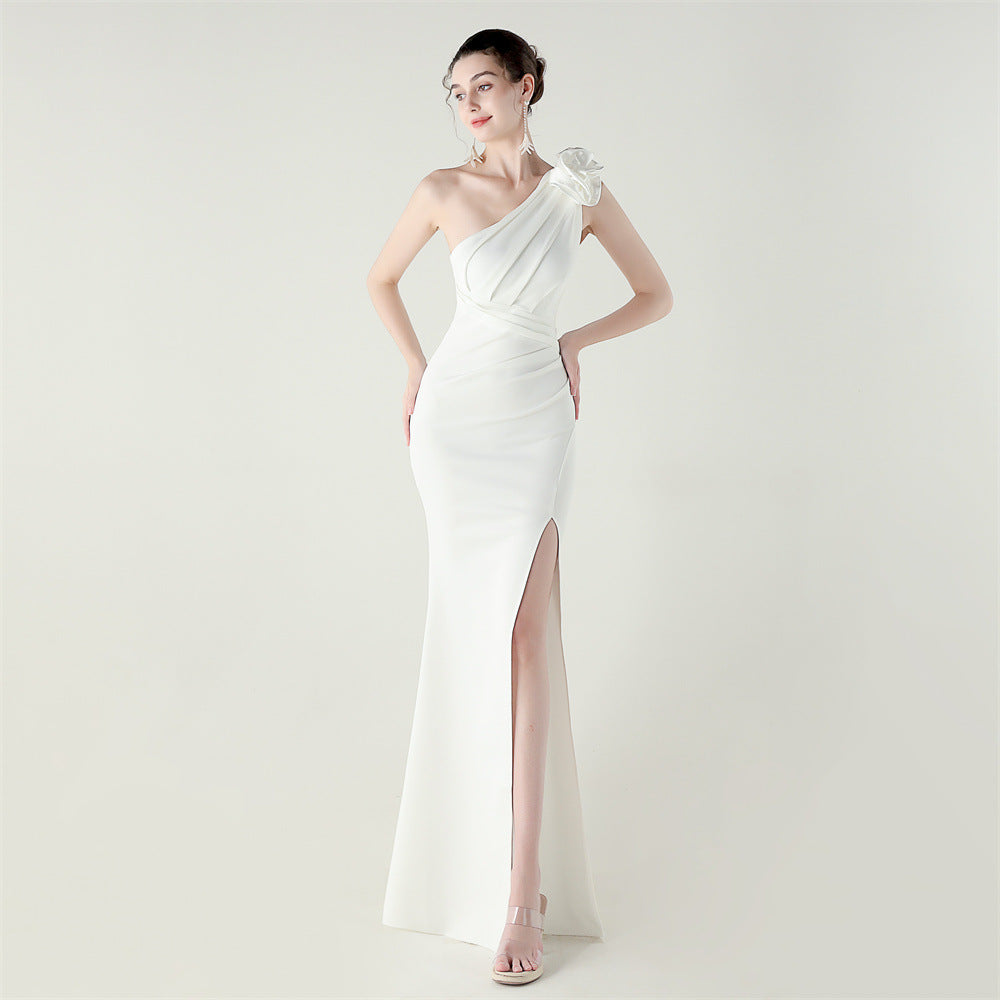 One Shoulder Three Dimensional Floral Satin Folding High Slit Sexy Evening Dress Dinner Wedding Social by Ragazza