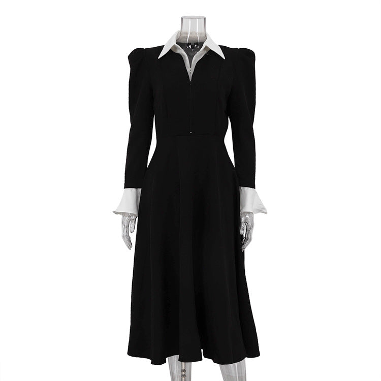 Black White Stitching Faux Two Pieces Sets Dress Women Elegant High Waist A line Dress by Ragazza