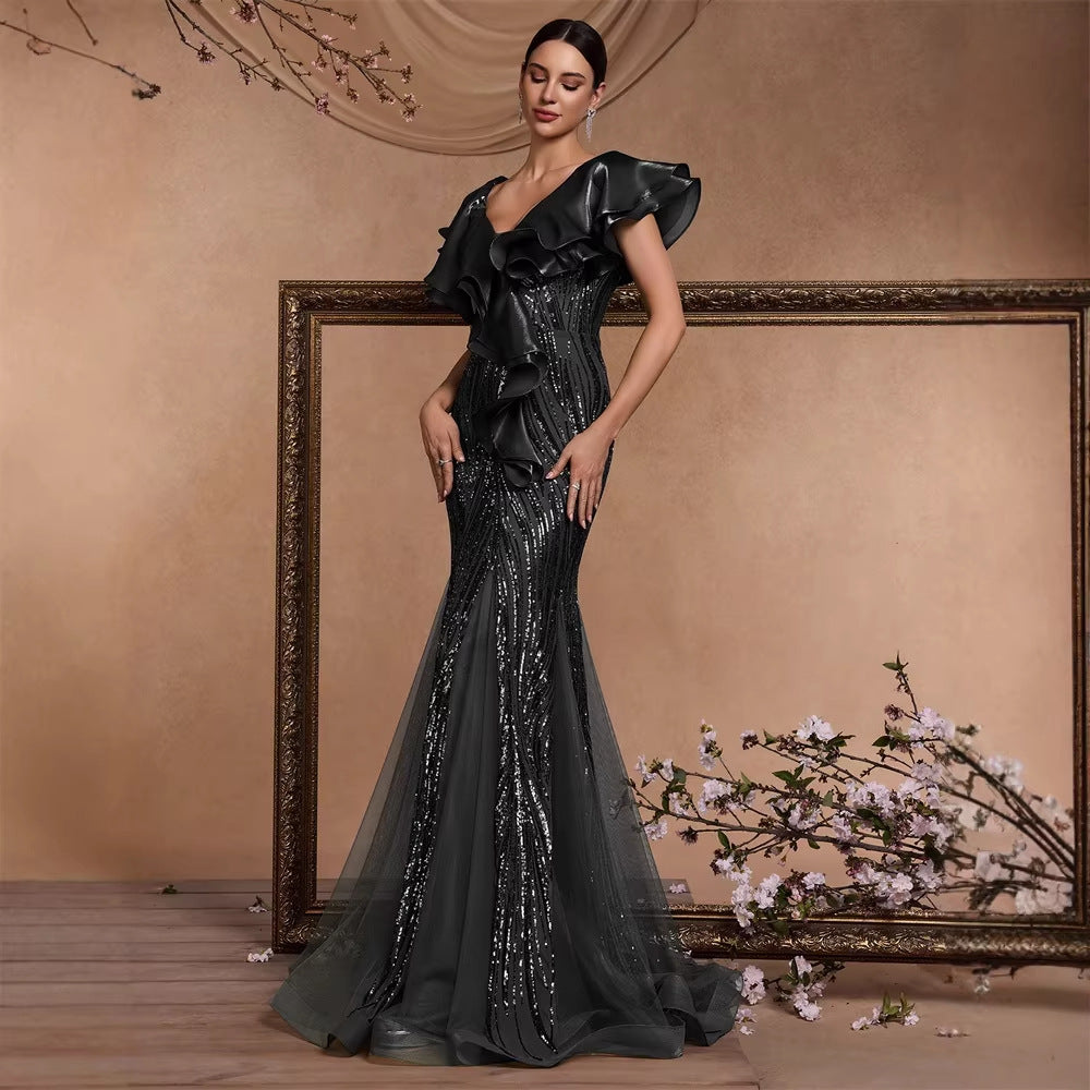 Elegant Ruffle Sleeve Sequin Elegant Cocktail Party Dinner Dress Backless Luxury Fishtail Graduation Evening by Ragazza