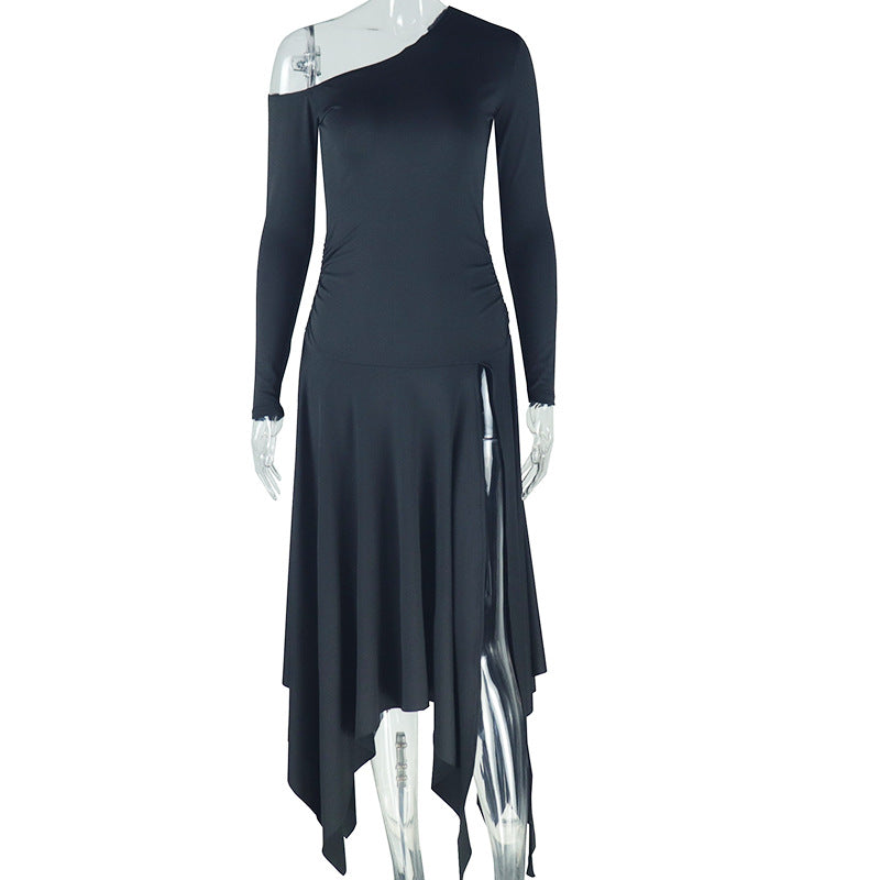 Personality Slim Fit Solid Color Women Asymmetric dress Shoulder off Shoulder Collar Long Sleeve Mid Length Dress by Ragazza