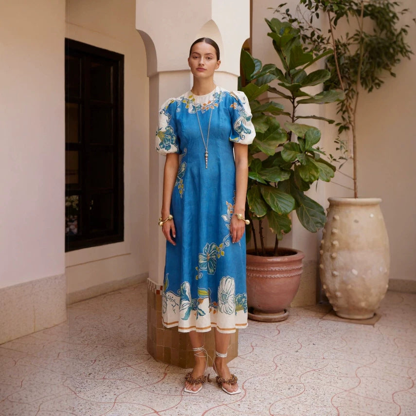 Personalized Floral Lantern Sleeve Waist Controlled round Neck Dress DestGlow