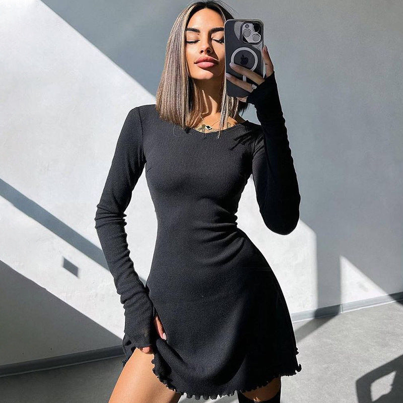 Women Clothing Autumn Winter Simple Solid Color Back Lace up Waist Controlled Dress by Ragazza
