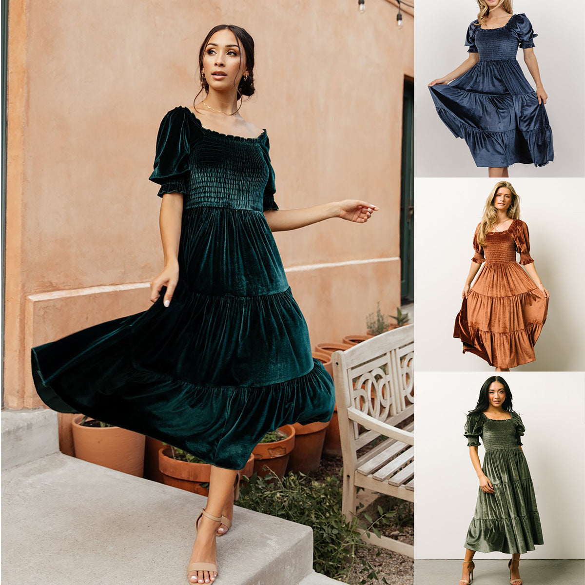 Spring Summer Gold Velvet Square Collar Ruffles High Waist Tight Office Dress by Ragazza