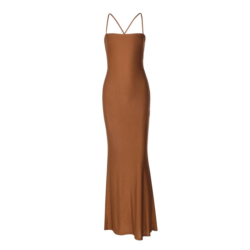 Women Clothing Summer Solid Color Tube Top Backless Stitching Hollow Out Cutout out Tied Slim Fit Slimming Dress Women by Ragazza