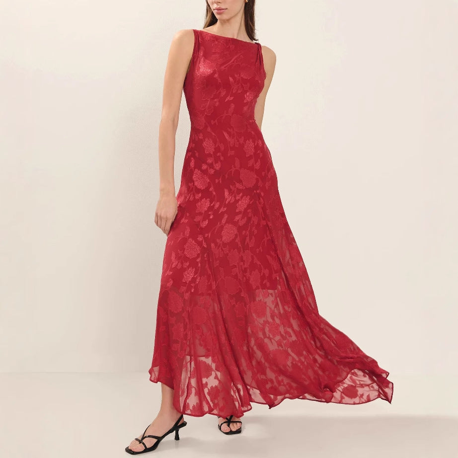 Summer Lace Backless Slim Fit Jacquard Red Irregular Asymmetric Dress Women Dress by Ragazza