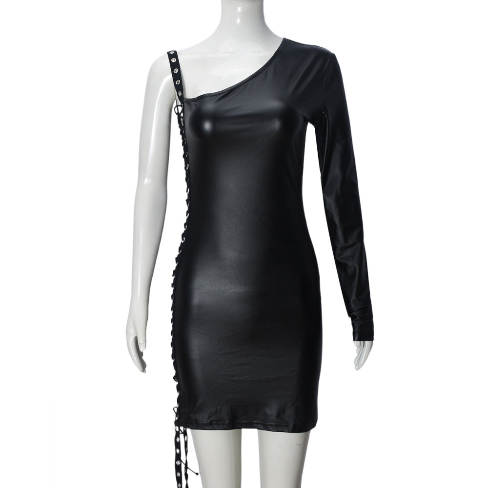 Women Clothing Dress Diagonal Collar Ribbon Hollow Out Cutout out Strap Single Side Long Sleeve Pullover Hip for Women by Ragazza
