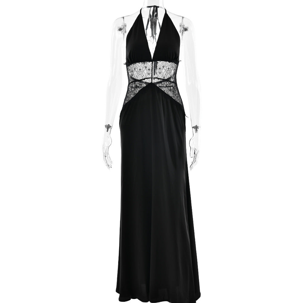 Summer Elegant Deep V Plunge Silky Satin Dress Stitching Halter Waist Tight Sexy Dress by Ragazza
