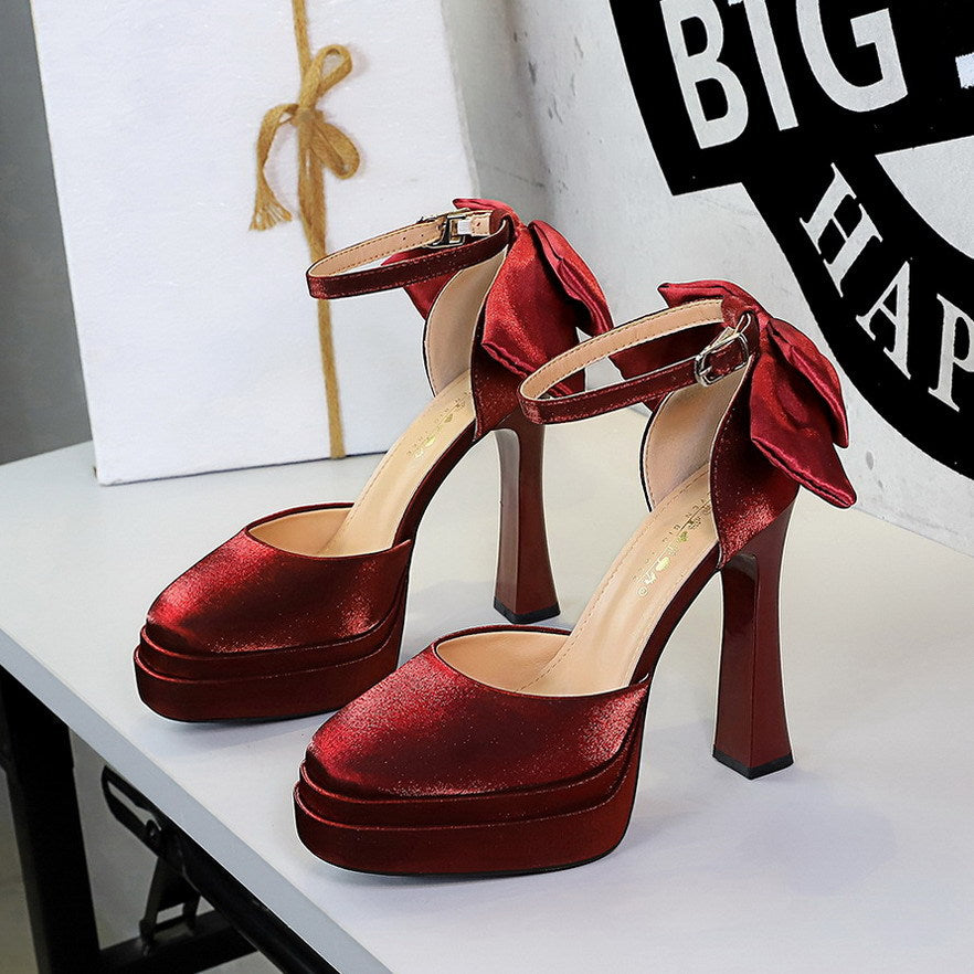 French Hollow Out Cutout Double Layer Waterproof Platform Heightened Ultra High Heel Chunky Heel Back Bow Buckle Sandals DestGlow