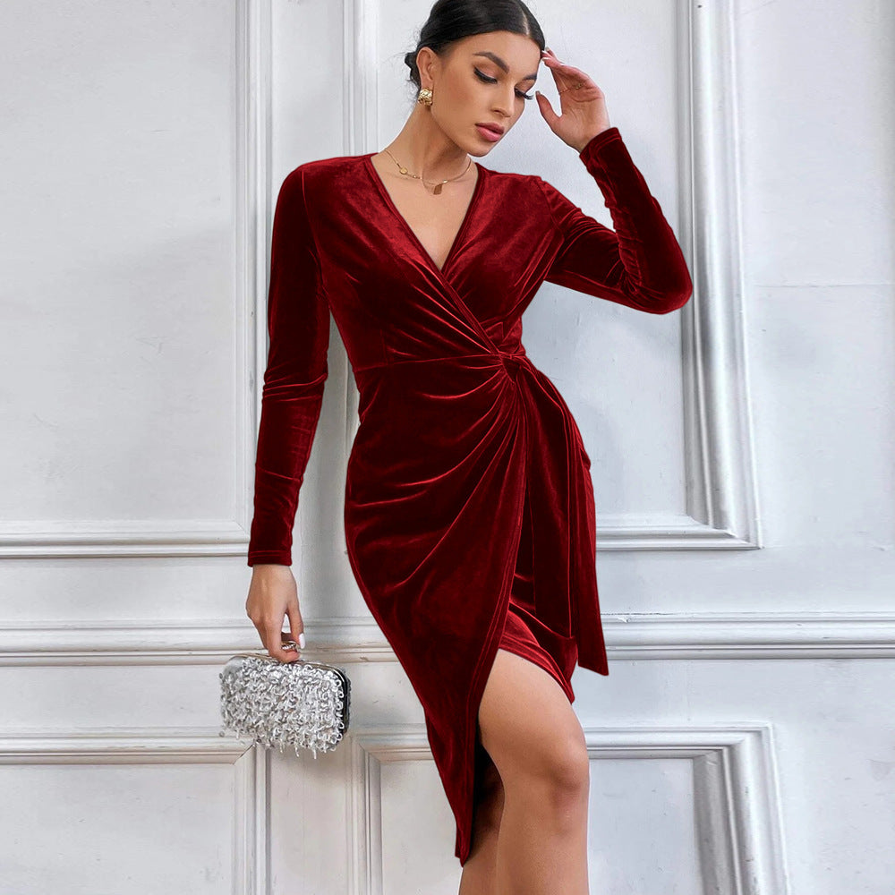 Sexy Maxi Dress V neck Hip Irregular Asymmetric Mid-Length Dress Cocktail Party Dress for Women by Ragazza