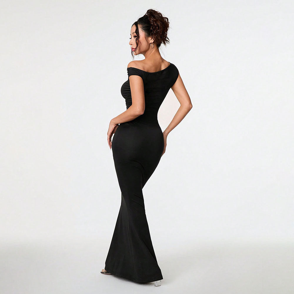 Women Clothing Sexy Socialite Dress Summer Off Shoulder Oblique Collar Black Formal Dress DestGlow