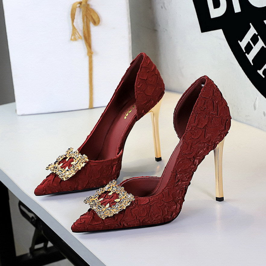 French Rhinestone Square Buckle Side Hollow Out Cutout Slip on Super High Heel Satin Gentle Elegant Stiletto Wedding Shoes DestGlow