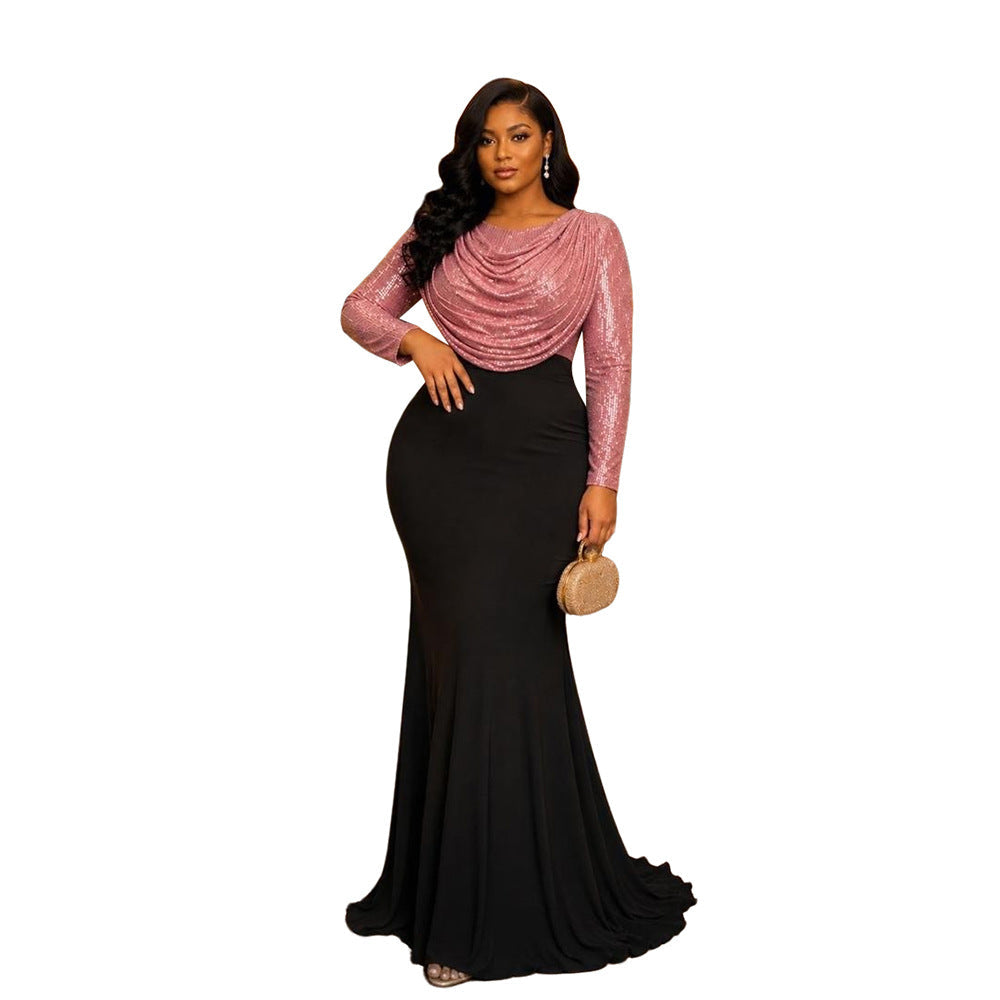 Women Clothes Dress Sequin round Neck Pleated Sequined Sheath Long Sleeve DestGlow