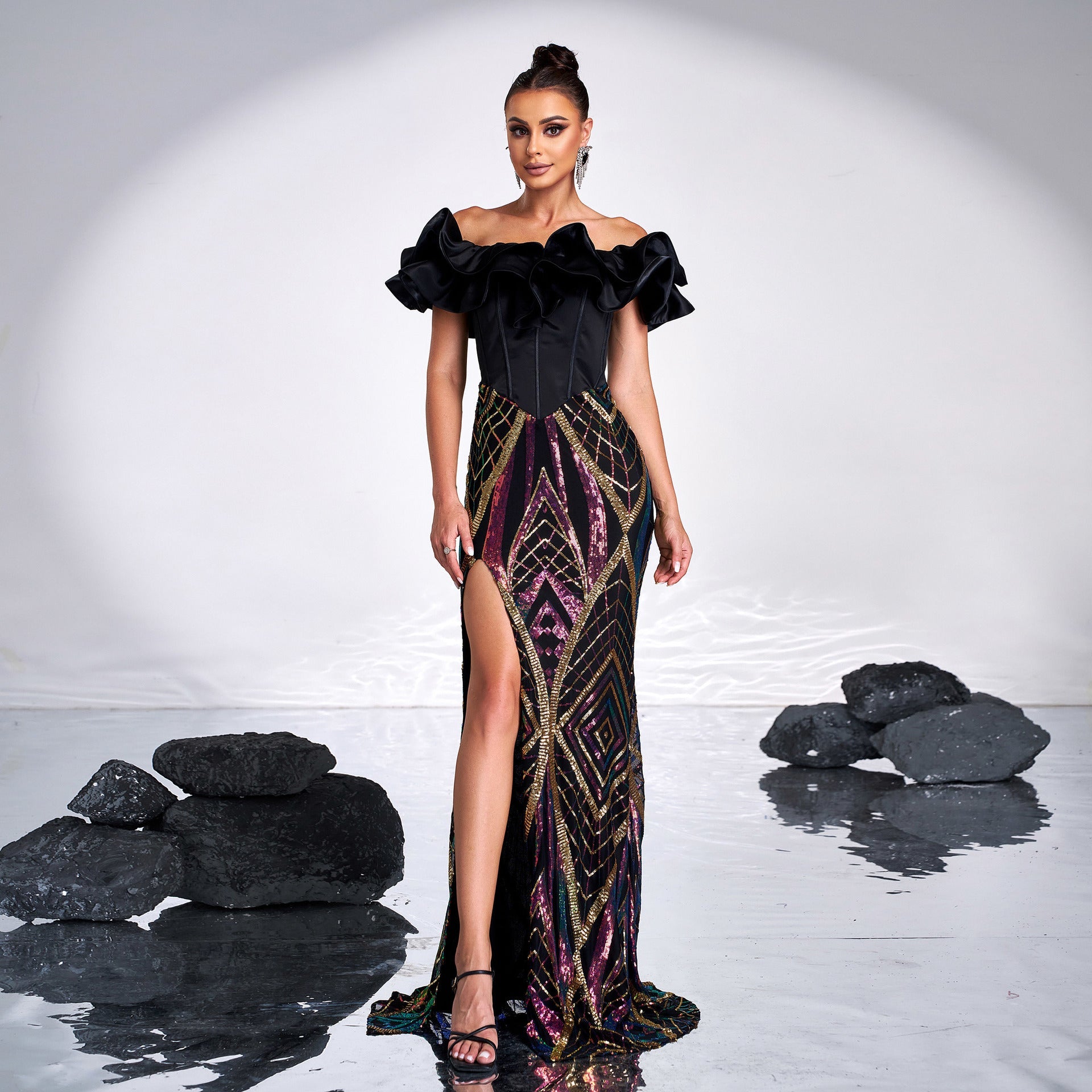 Women Clothing High Grade off Neck Slim Fit Cocktail Sequined Split Long Evening Dress for Women by Ragazza