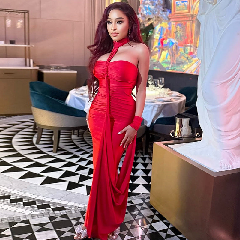 Solid Color Elegant Women Backless Lace up Tube Top Hip Pleated off Neck Dress Cocktail Dress by Ragazza