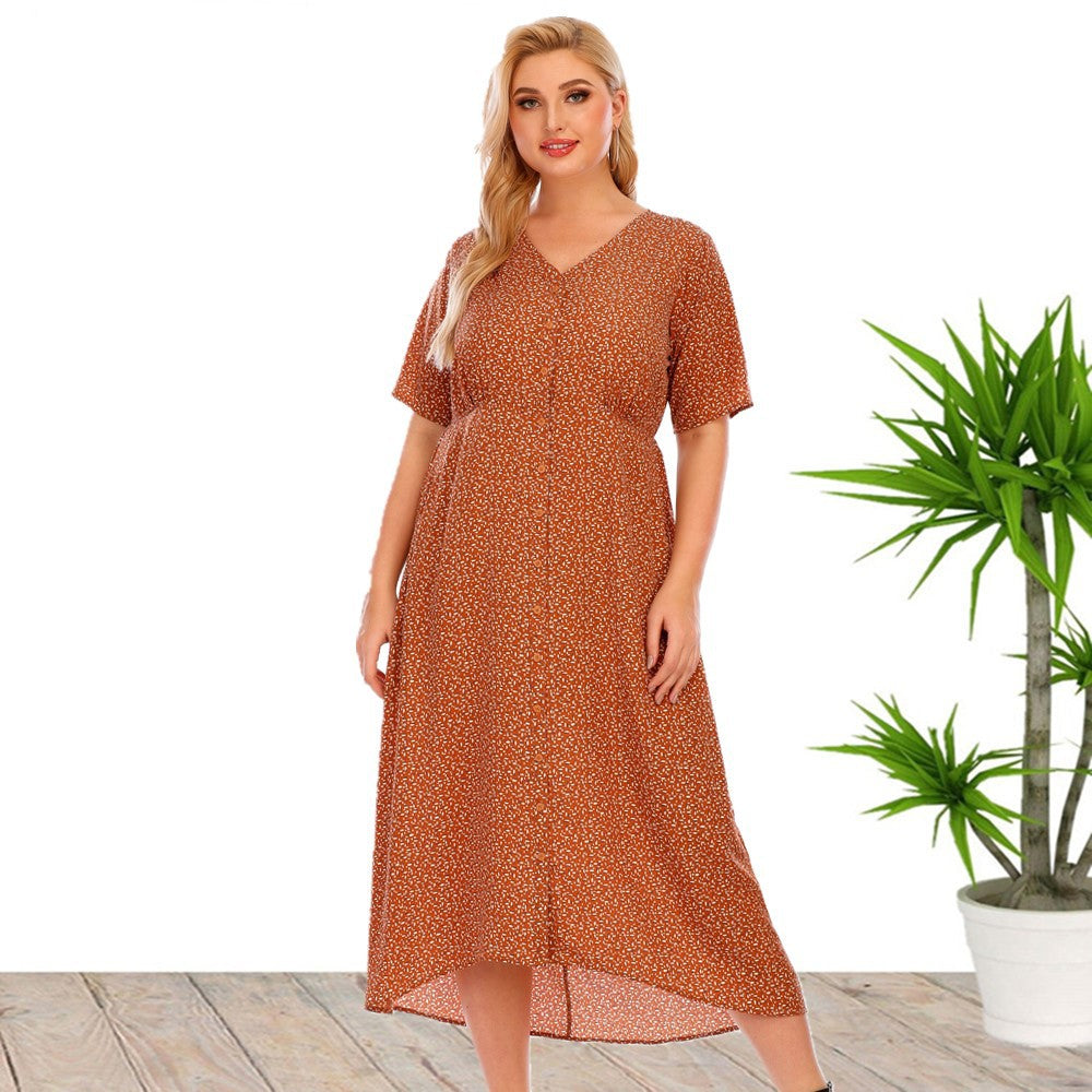 Plus Size Women Summer Short Sleeve Printed Button Pocket Dress by Ragazza