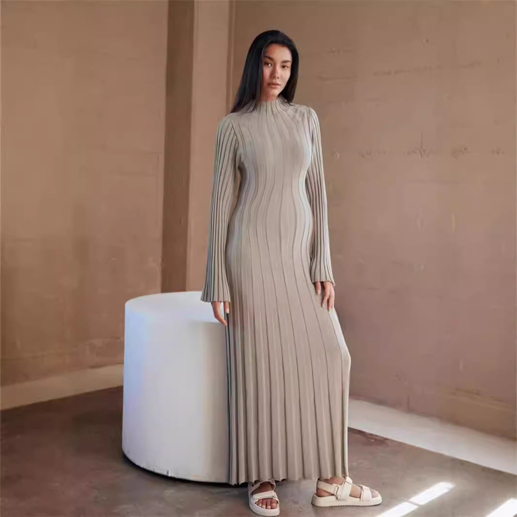 Autumn Winter Knitted Dress Casual Waist Tight round Neck Large Pit High Collar Slimming Knitted Maxi Dress for Women DestGlow