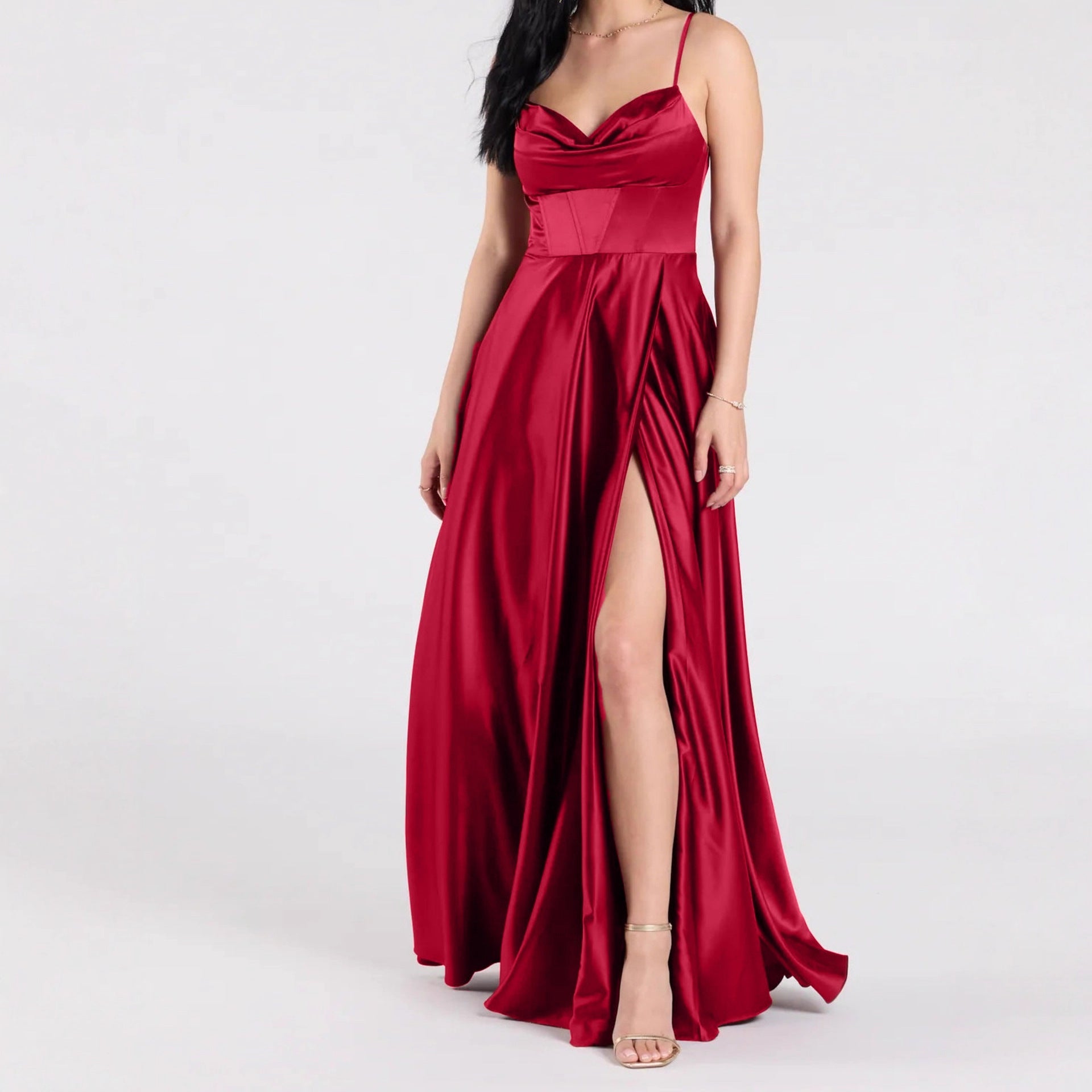 Bridesmaid Dress Long Maxi Dress Slimming Shoulder Hollow Out Cutout Slit Pleated Elegant Evening Dress by Ragazza