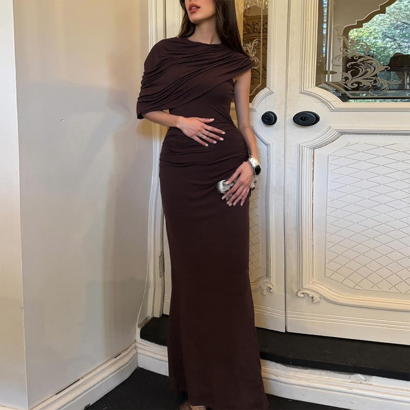 Women Clothing Summer Oblique Shoulder Design Skinny Sheath Pleated Irregular Asymmetric Dress by Ragazza