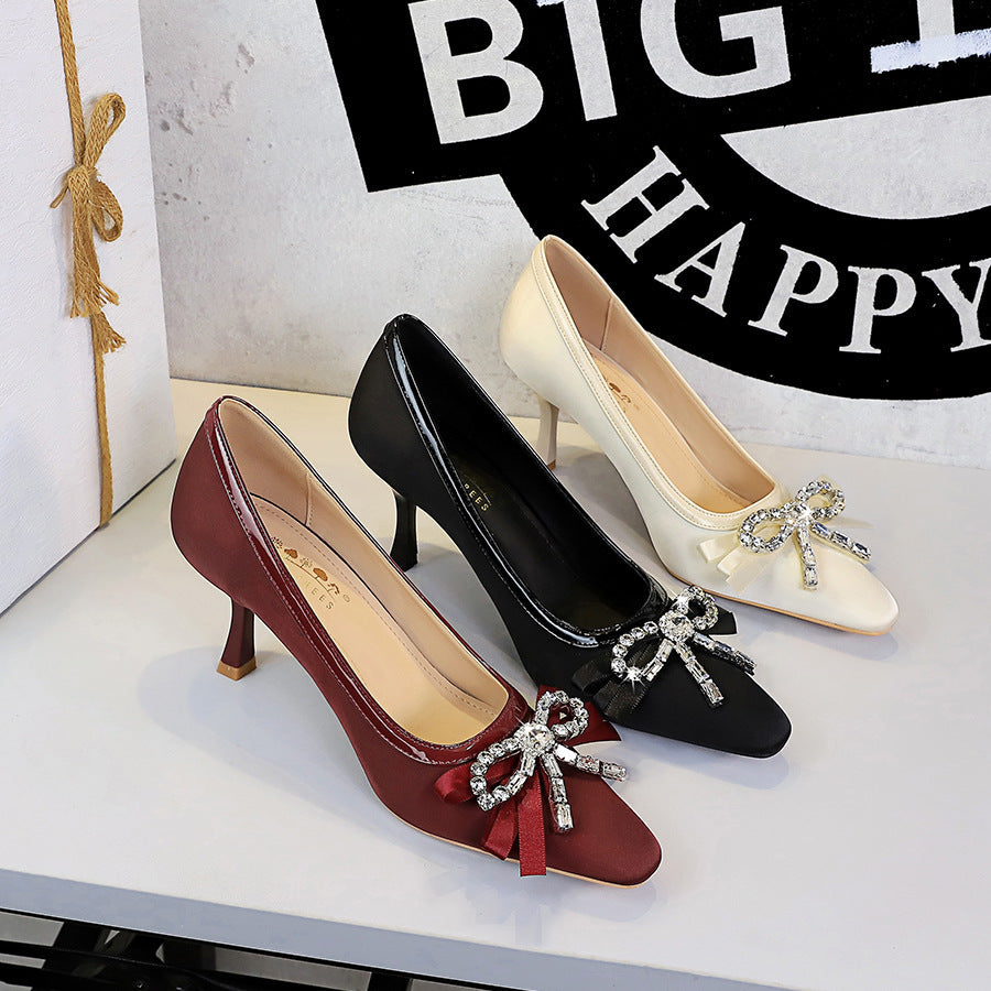 Cocktail Slip on High Heels Women Square Toe Rhinestone Ribbon Bow Pumps Women DestGlow