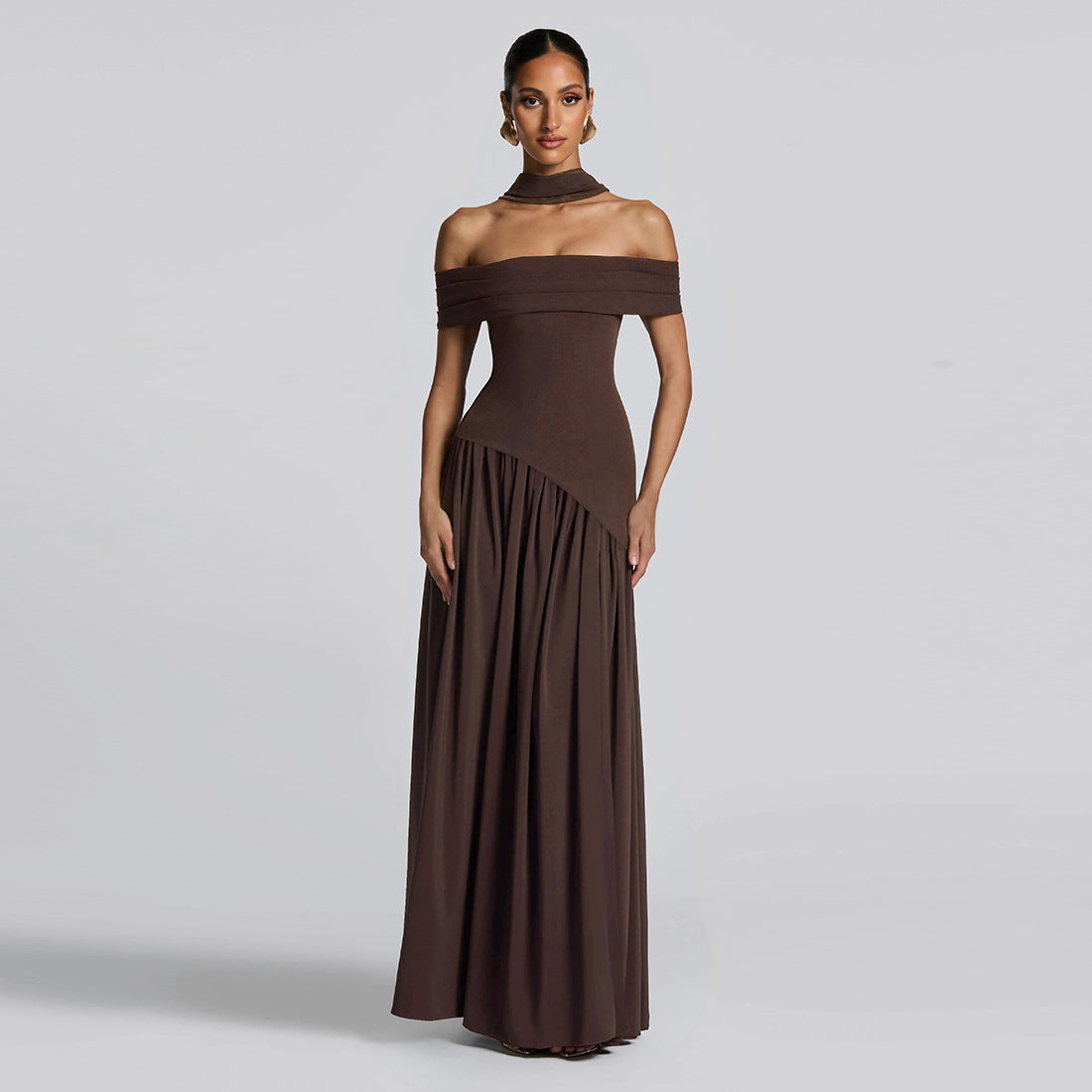 Autumn Women Clothing Sexy Backless Slim Fit Solid Color Scarf Collar Split off Shoulder Dress by Ragazza