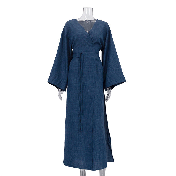 Casual Cross Design Lace up Dress Women V neck Long Sleeve Split High Waist Maxi Dress by Ragazza