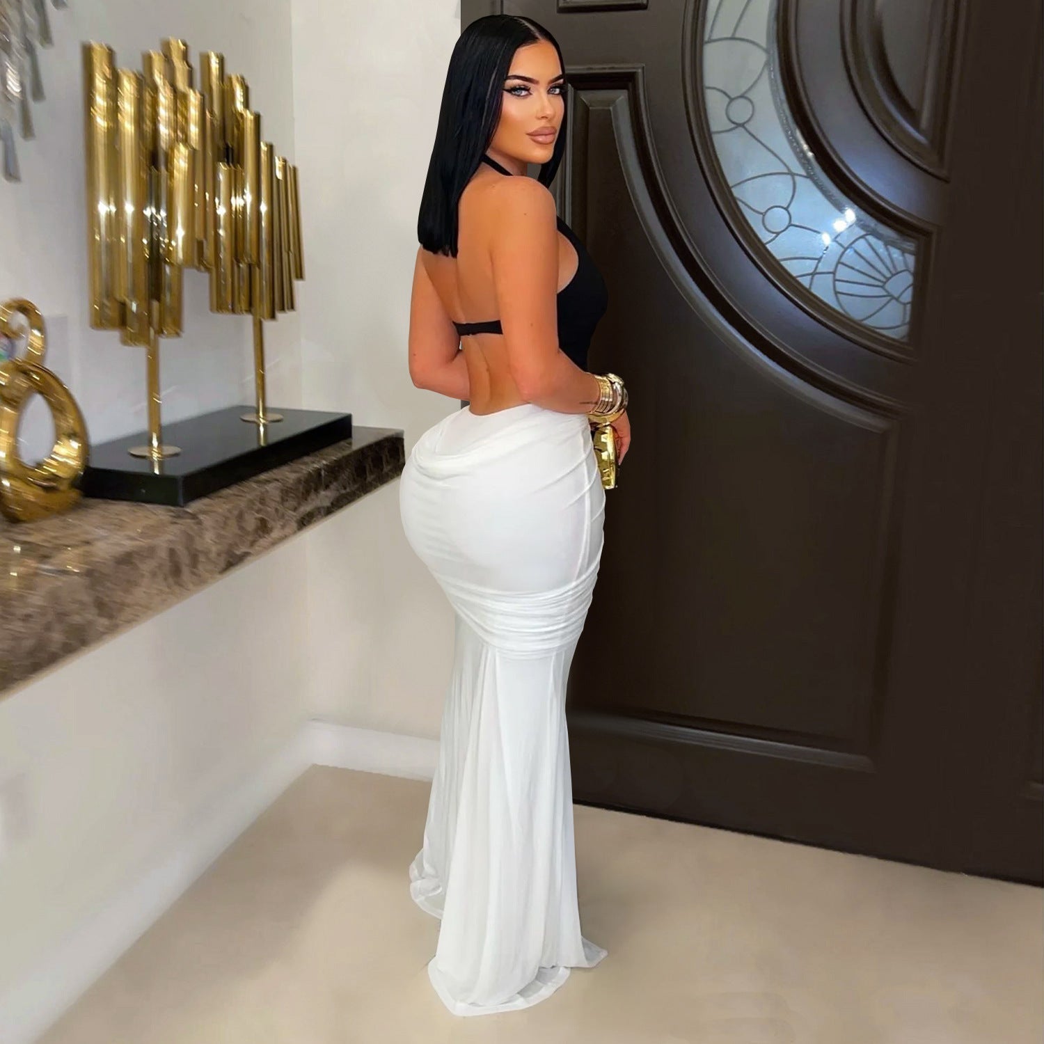 Women Wear Sexy V Neck Arm Covering Split Backless Dress by Ragazza