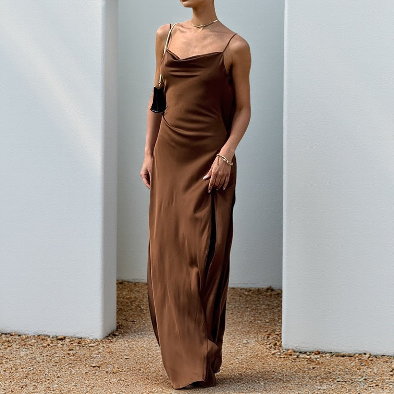 Summer Slim Fit Maxi Dress Autumn Casual Strap Satin Dress for Women DestGlow
