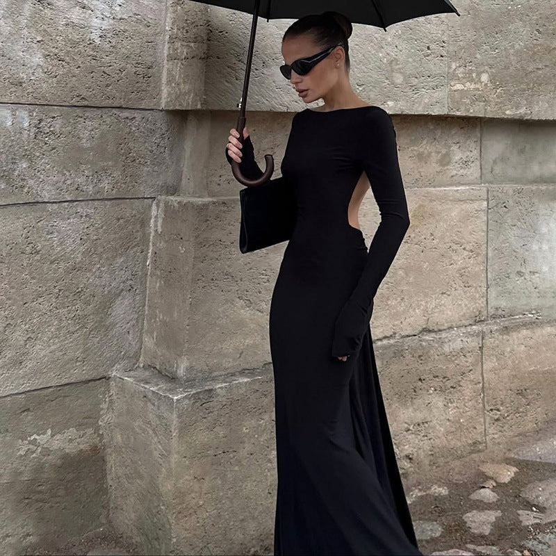 Autumn Winter Women Sexy Backless Chain Decoration Slim Fit Long Sleeved Dress DestGlow