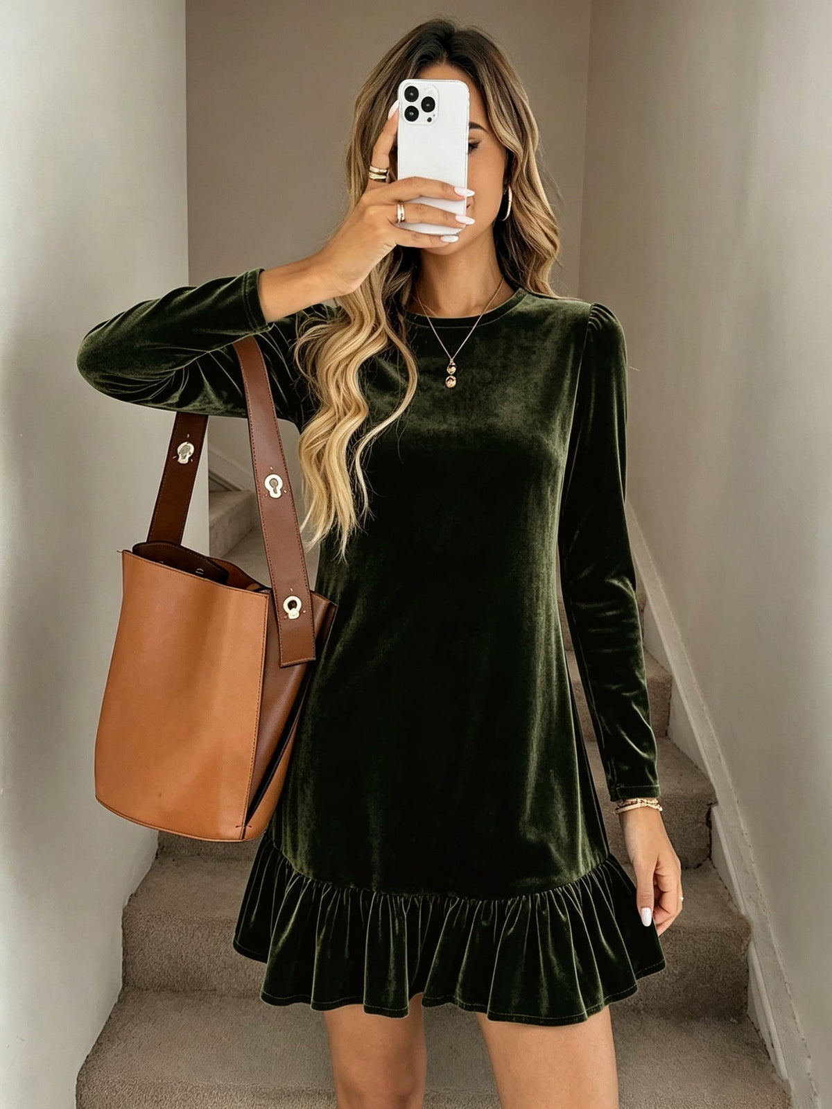 Women round Neck Velvet Dress Long Sleeve Waist Slimming Flounce Hem Dress DestGlow