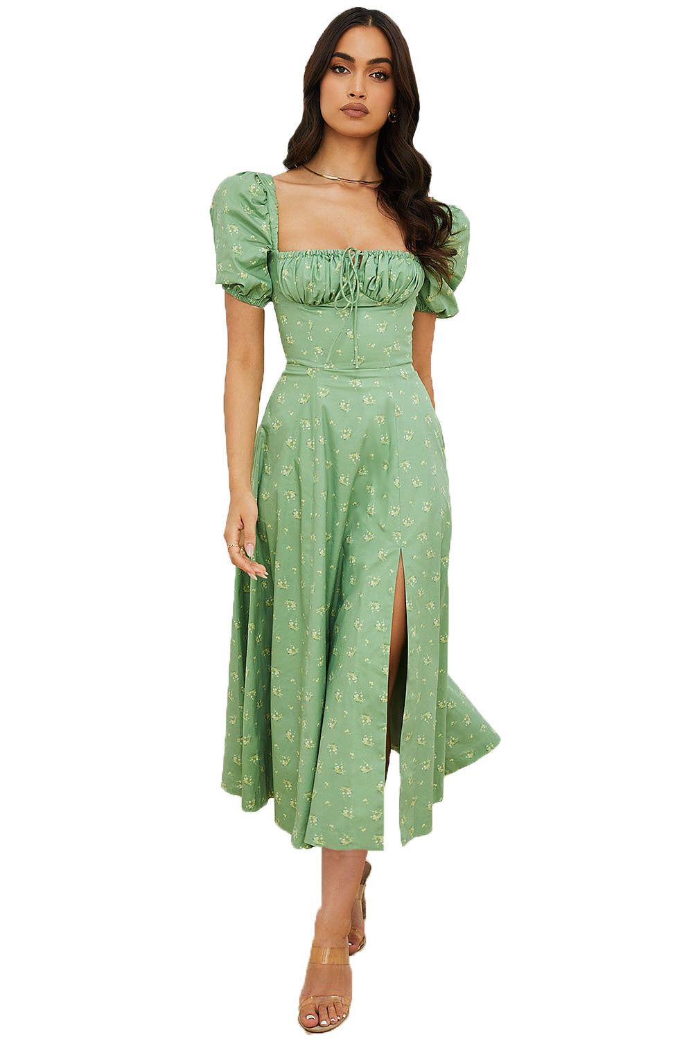 Women Summer Top Product Puff Sleeve Floral Tie Neck High Slit Women Dress Summer by Ragazza