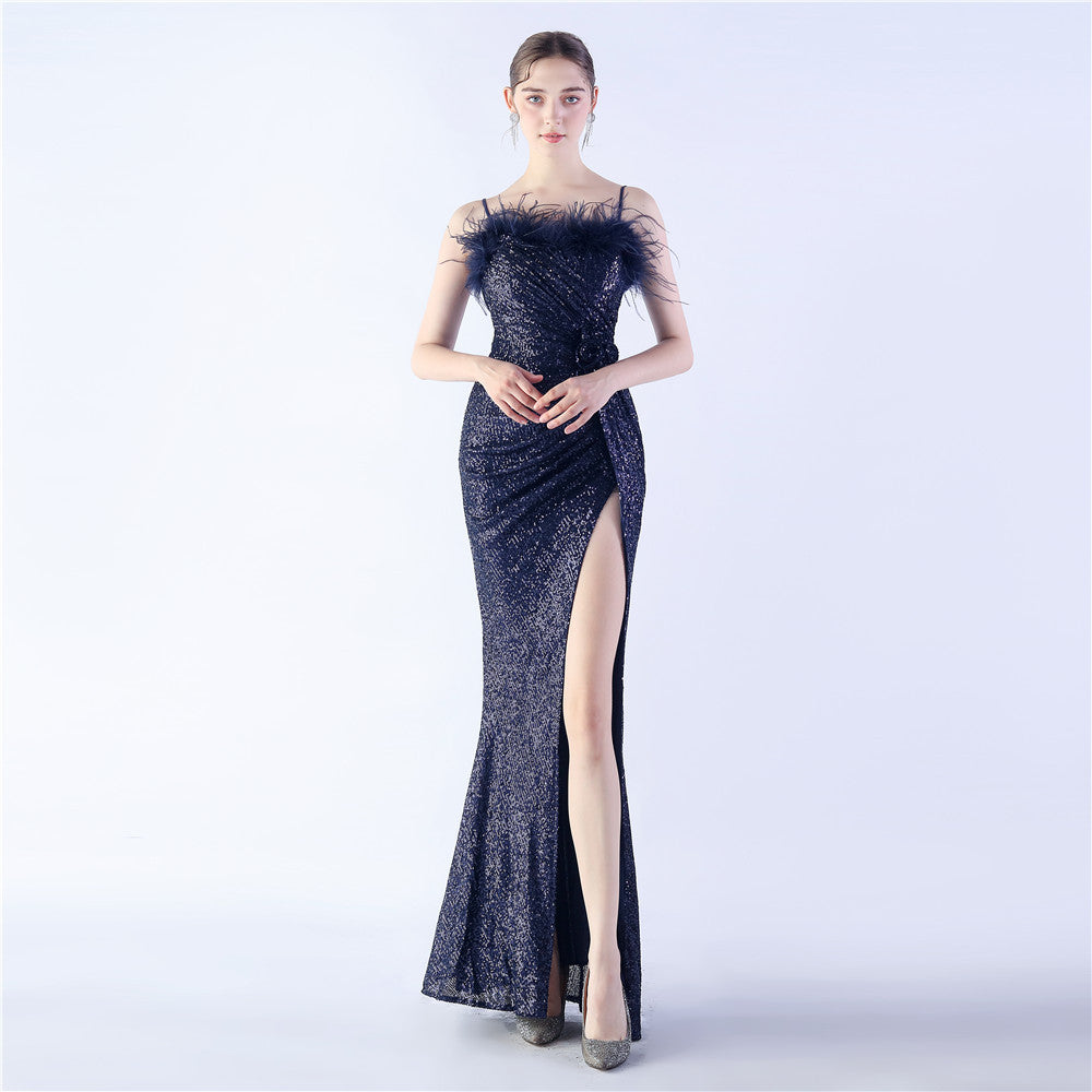 Ostrich Hair Craft Floral Wedding Annual Meeting High End Evening Dress by Ragazza