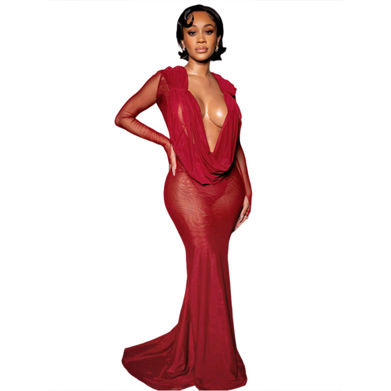 Autumn Winter Women Sexy Mesh See through Deep V Plunge neck Solid Color Slim Fit Long Sleeves Dress Women by Ragazza