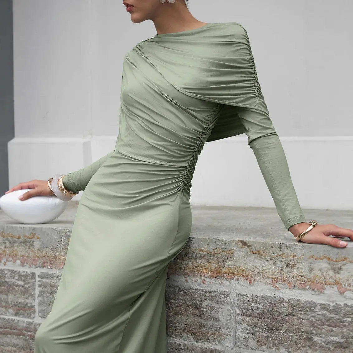 Fall Winter Elegant Long Sleeve Solid Color Knitted Slim Fit Maxi Dress Office Irregular Asymmetric Collar Dress for Women