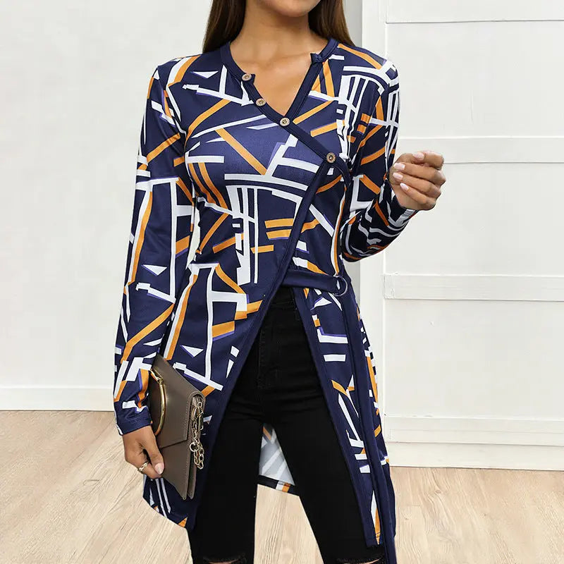 Geometric Abstract Printing Long T shirt V neck Slim Fit Slit Top Women Clothing