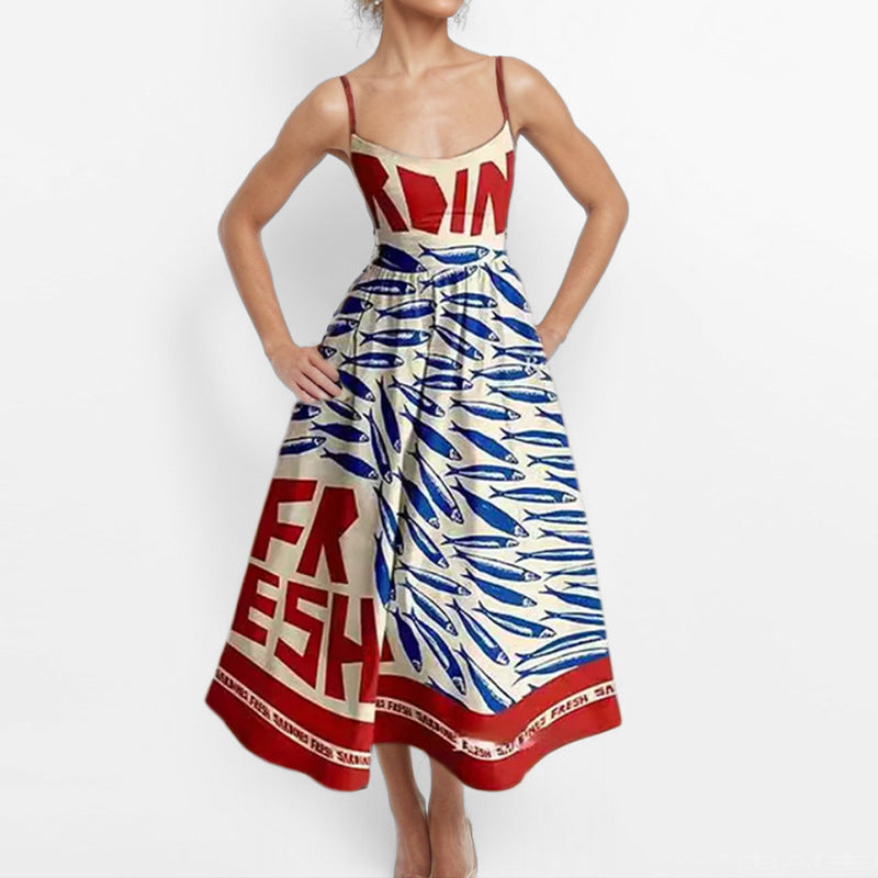 Spring Women Clothing Printing Pleated Waist Tight Large Swing Sling Dress by Ragazza