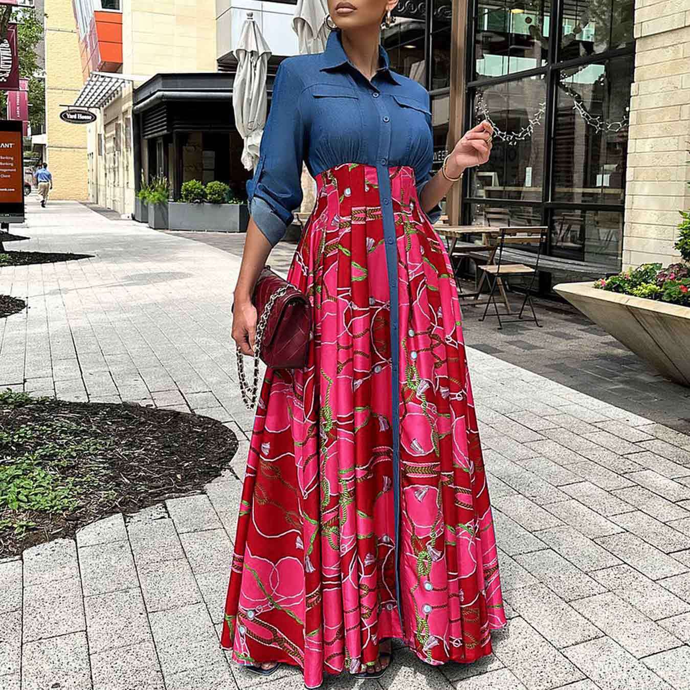 Autumn Winter Women Clothing Casual Denim Stitching Printing Maxi Dress Shirt Dress by Ragazza