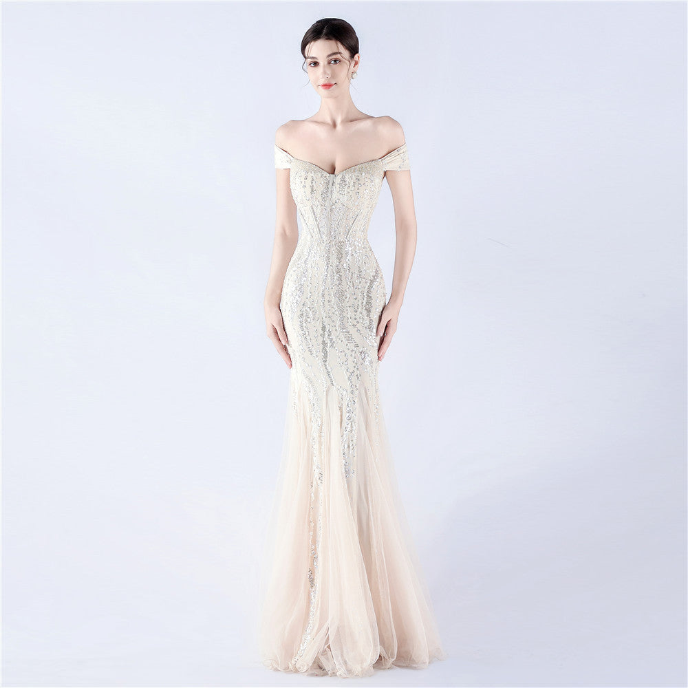 Dress Craft Beaded Mesh Sequin Evening Dress Annual Meeting Performance Host by Ragazza