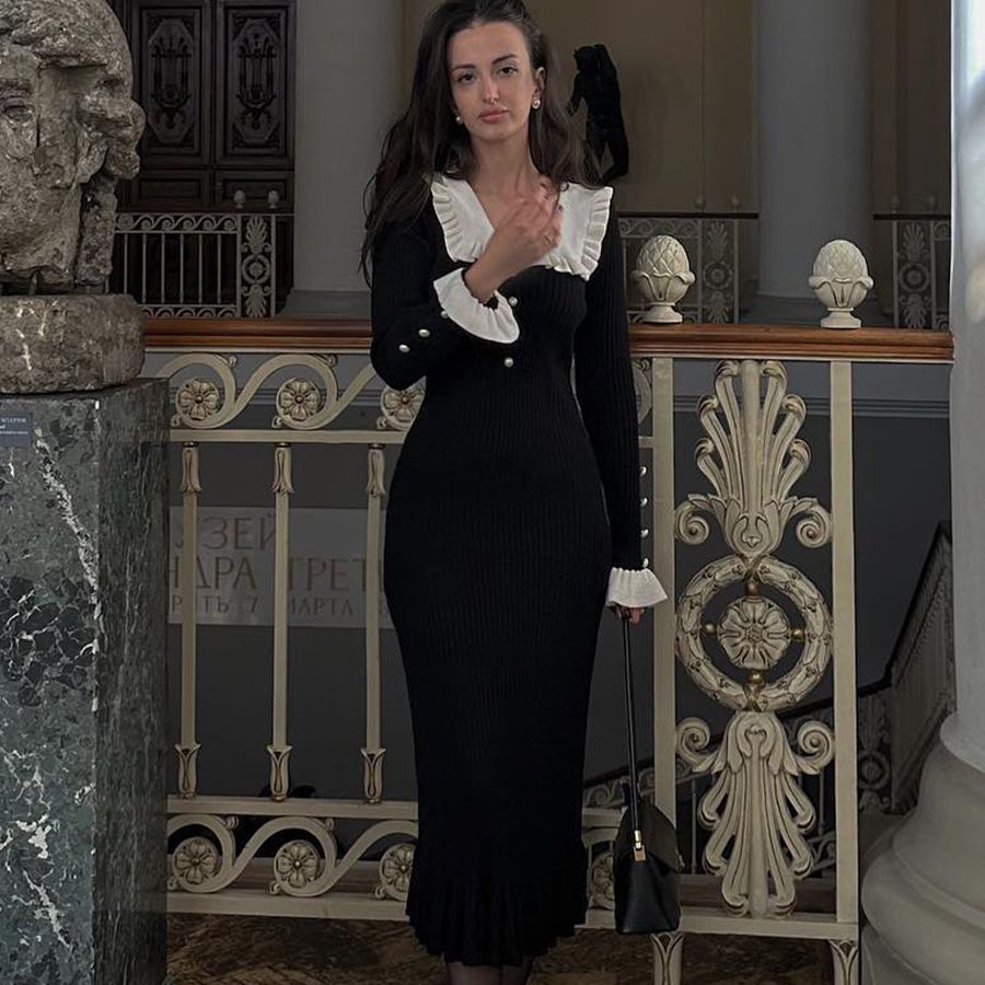 Ruffled Dress Knitted Dress Autumn Winter Sweater Dress Retro Lady French Dress by Ragazza