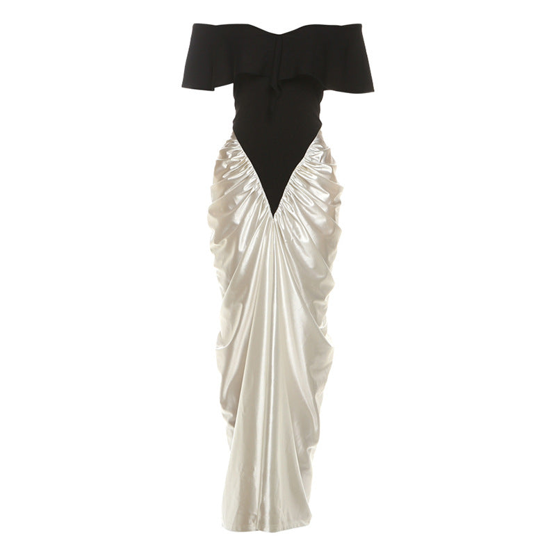 Autumn Winter Women Clothing Elegant Sexy Strapless Waist Ruffle Hip Contrasting Color Dress DestGlow