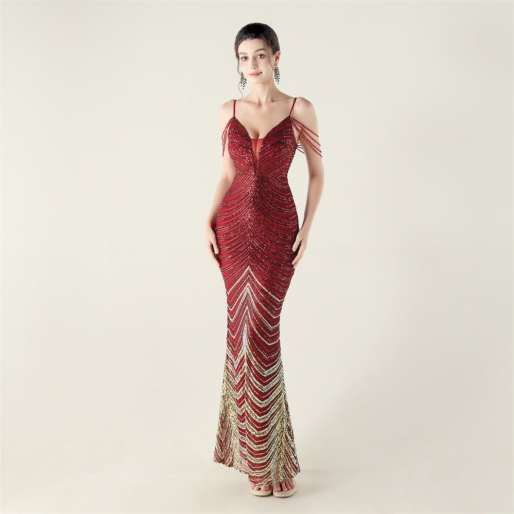 Deep V Plunge neck Wave Gradient Sequin Evening Dress Positioning Floral Cutting Craft Beaded Cocktail Battle Gown by Ragazza