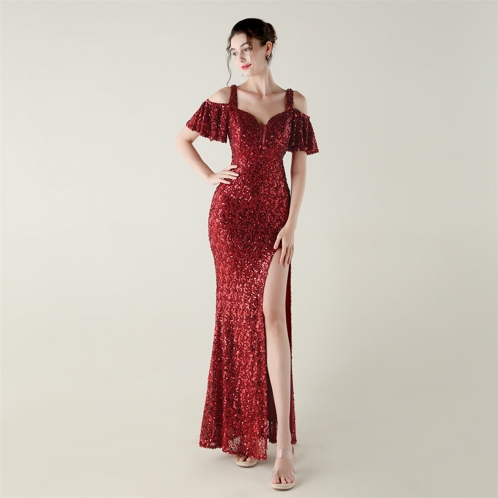 Bead Tube Sequin Heavy Industry Evening Dress Short Sleeve off the Shoulder Deep V Plunge High Slit Fishtail Dress Cocktail Socialite by Ragazza