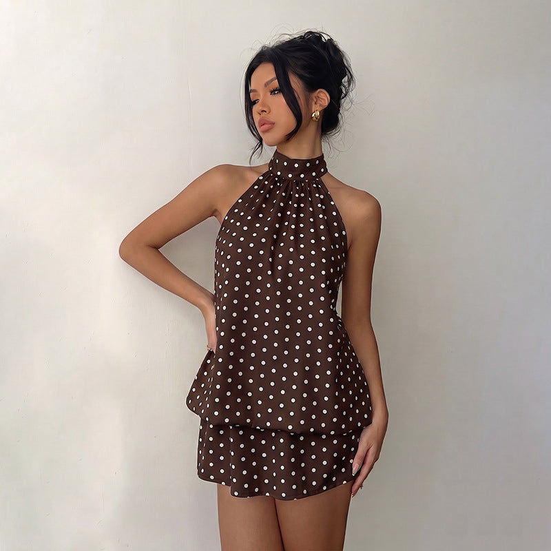 Summer Retro Vacation Short Dress Polka Dot Halter Backless Dress DestGlow