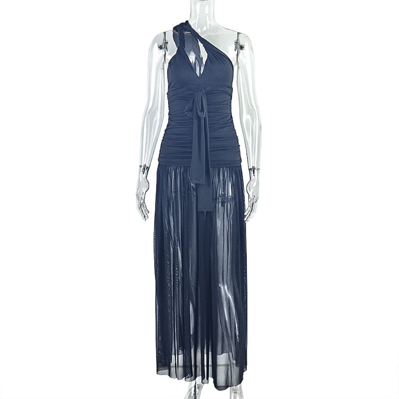 Women Clothing Solid Color Sheath Asymmetric Dress Diagonal Collar Backless Slim Fit Maxi Dress by Ragazza