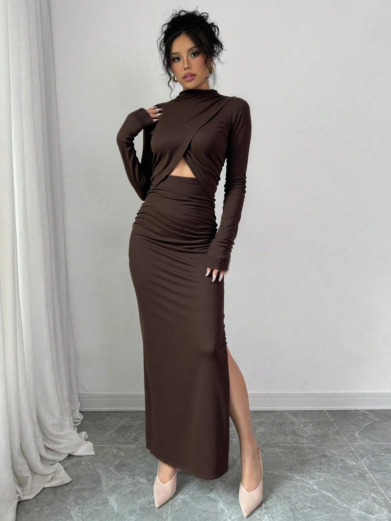 Autumn Winter Sexy Slit Slim Fitting Cropped Outfit Long Sleeve Mid Length Long Sleeve Dress by Ragazza