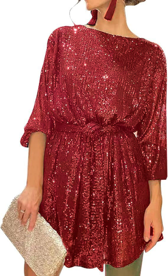 Summer Sequined Round Neck Long Sleeve Casual Loose Beaded Dress by Ragazza