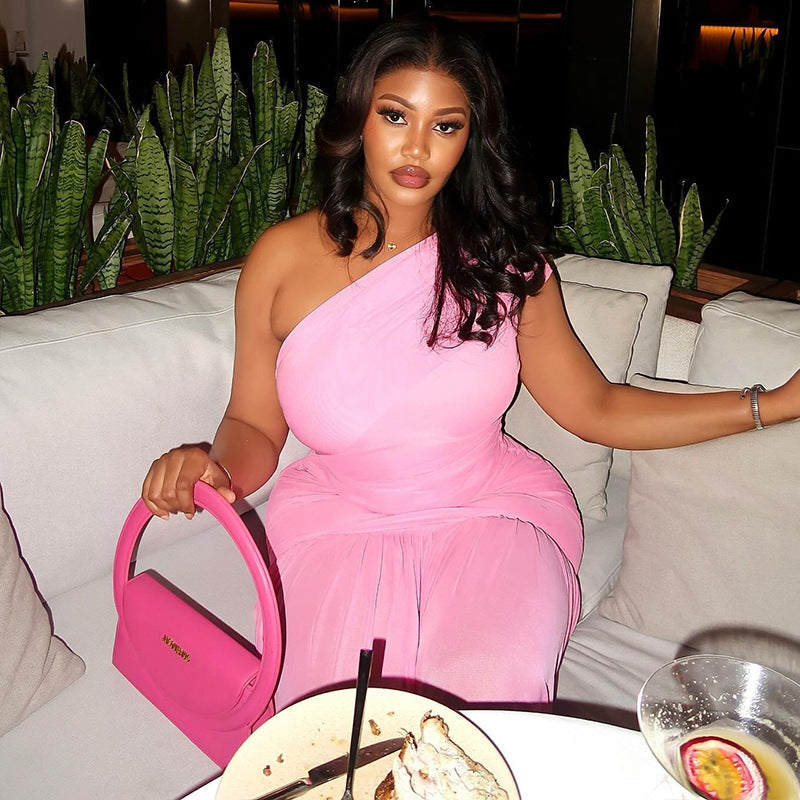 Fresh Solid Color Women Clothing Pleated Waist Tight Asymmetric One Shoulder Oblique Leader Split Length Dress by Ragazza