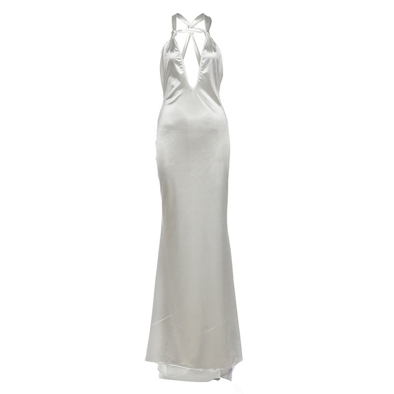 Autumn Winter Women Solid Color Sexy Deep V Plunge neck Backless Formal Dress Strap Dress by Ragazza