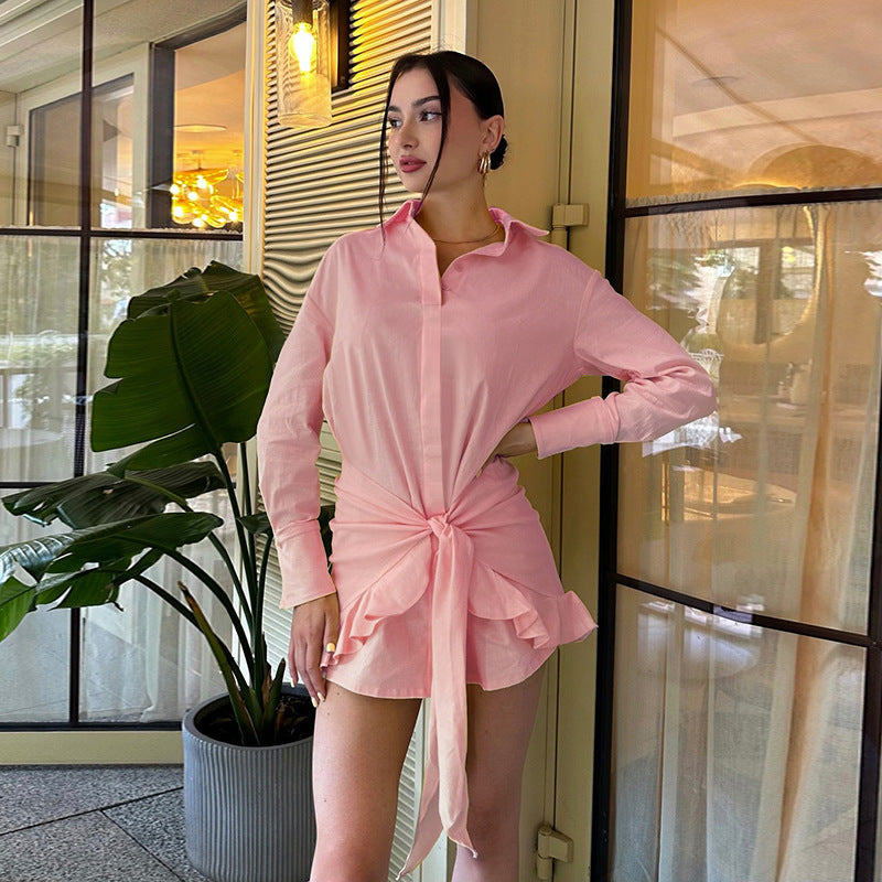 Full Support Ruffled Lace up Casual Elegant Solid Color Long Sleeve Shirt Dress by Ragazza