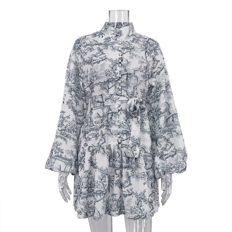 Early Spring National Ink Printing Short Dress Puff Sleeve Stand Up Collar Tie Retro A Line Dress by Ragazza