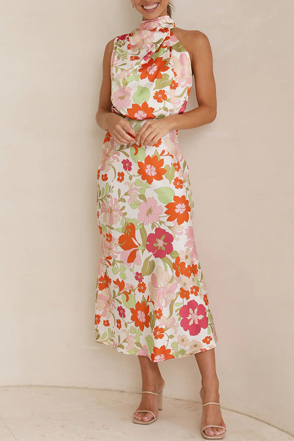 Mature Elegant Women Sleeveless Strap Printing Satin Dress by Ragazza